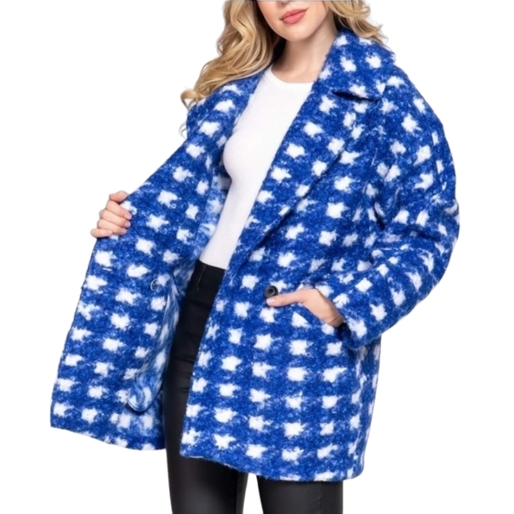 Boutique Long Sleeve Double Breasted Check Print Boucle Fleece Coat - Picture 1 of 12